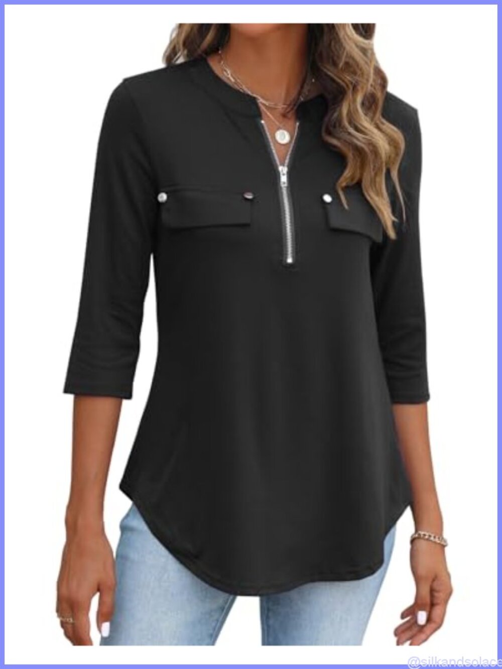 3/4 Sleeve Womens Tunic Top V Neck Zip Front Dressy Casual